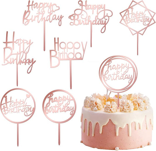 8 Packs Rose Gold Happy Birthday Cake Toppers, Acrylic Double-Sided Glitter Cupcake Toppers Set, Happy Birthday Party Sign Decorations Supplies