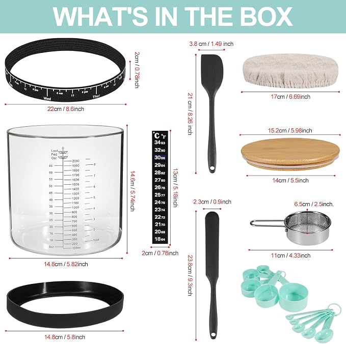 Large Sourdough Starter Jar 66 oz,Sourdough Starter Kit Wide Mouth with Ounce&ML Scale Line,Date Marked Feeding Band, Thermometer, Sourdough Jar Scraper, Cloth Cover & Bamboo Wood Lid (BLACK-66OZ/2L)