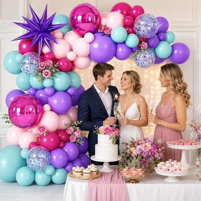 Pink and Teal Blue Balloon Arch Garland Kit with Purple Star Foil Balloons Hot Pink 4D Round Balloons for Birthday Baby Shower Wedding Anniversary Party Decorations