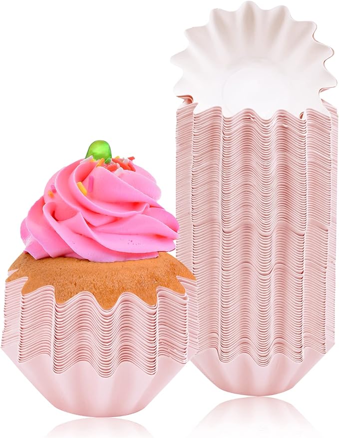 100 PCS Baking Cups Cupcake Liner Flared Brioche Muffin Wrappers (Pink) | Standard Greaseproof Coated Paper Cup for Wedding Birthday Holiday Party or Baby Shower