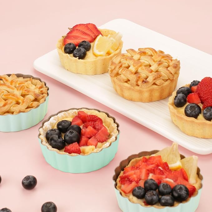 Mini Tart Pan Set, 6PCS 3.6 Inch Tart Pans with Removable Bottom and Tart Tamper, Extra Deep 1 Inch Tartlet Pan, Nonstick Bakeware for Mini Pies, Tarts, Quiches, Cheesecakes (Green)