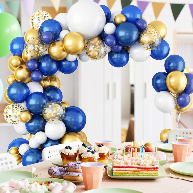 112pcs Royal Blue Gold White Balloon Arch Garland Kit, Navy Blue and Gold Balloon Arch Kit With Confetti Metallic Chrome Balloons, White Latex Matte Balloons for Graduations Birthday Party Decorations