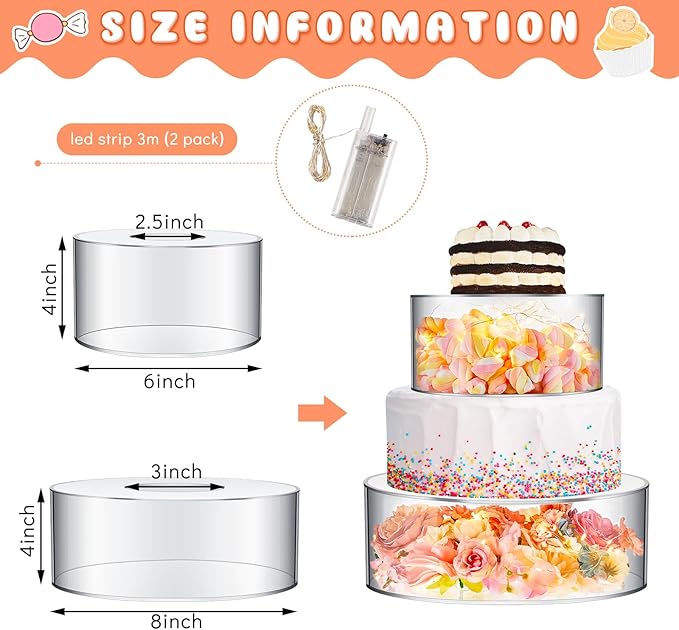 Sunnyray 2 Pcs Acrylic Cake Stands for Dessert Table Clear Fillable Cake Riser Cupcake Tier with LED Strings for Birthday Wedding Holiday Party Display(6'', 8'')