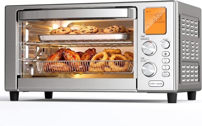 Electactic 1500W Air Fryer Toaster Oven Combo, Stainless Steel Countertop Convection Oven, Versatile Rotisserie Oven with Dehydrator, Fits 12" Pizza, 6 Adjustable Shelves, Digital LCD, Slow Cook