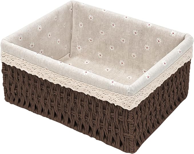 Large Wicker Storage Basket with Liner, Hand-Woven Paper Rope Rattan Organizer Bin for Pantry, Countertop, Bathroom, Bedroom, Shelves (Dark-Brown, L)