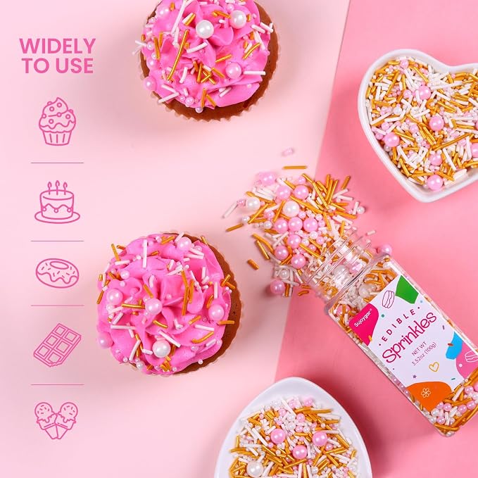 Pink White and Gold Sprinkles, 3.52oz Edible Pink Sprinkles for Cake Decorating Cupcakes Baking Ice Cream Cookie Wedding Valentines Party Decoration