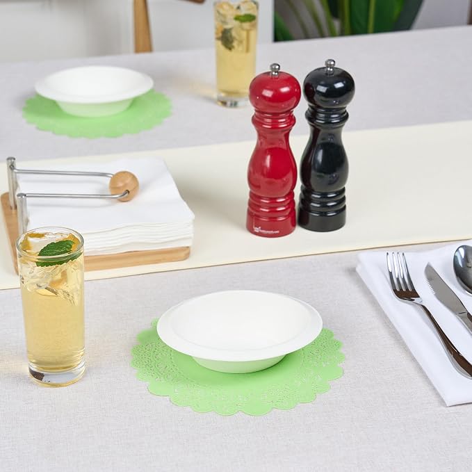 Pastry Tek 8 x 8 Inch Paper Lace Doilies, 100 Disposable Table Doilies - Elegant Lace Finish, Long Lasting, Green Paper Doily, for Pastries, Cupcakes, Desserts - Restaurantware