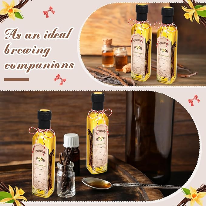 Tioncy 12 Pcs Vanilla Extract Bottles for Homemade Vanilla Jar Glass Square Bottle with Cap Shrink Band Sticker Syrup Food Storage Canister for Liquids Bean Sauce Spice Gift Giving(Black,8.5 oz)