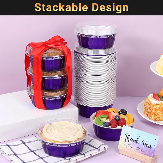 Beasea 8 oz Disposable Ramekins with Lids, 50 Pack Aluminum Foil Baking Cups with Lids, Creme Brulee Muffin Cupcake Mini Pudding Foil Ramekin for Party Wedding Birthday - Violet Purple