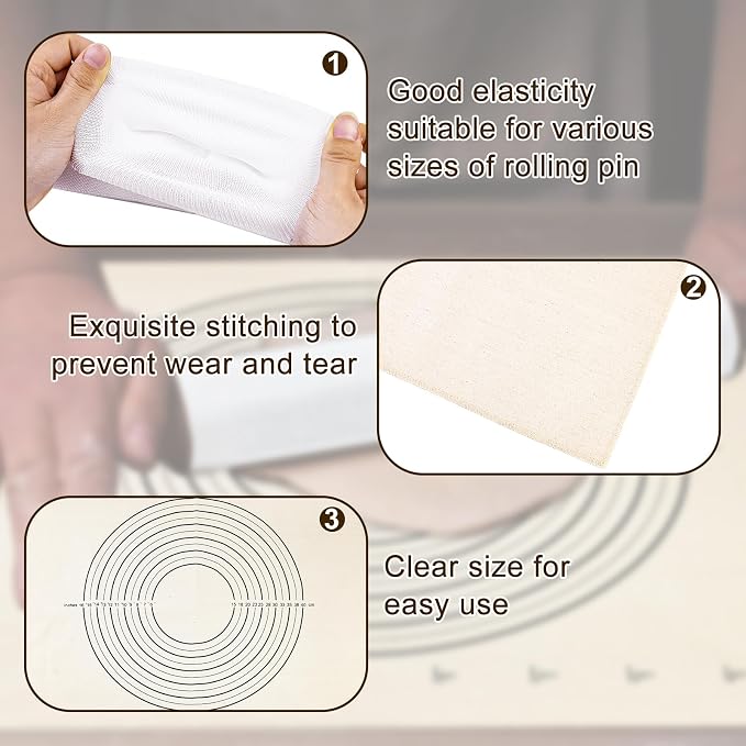 9PCS Pastry Cloth and Rolling Pin Cover Set, 3PCS 25" X 20" Heavy Cotton Canvas Cloth Pastry Mats, 6PCS 13" X 2.7" Flexible Rolling Pin Covers Sleeves for Rolling Dough Pie Baking Bread Supplies