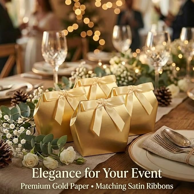 Rowcay Small Gift Boxes with Ribbons, 10 Pack Gold Foldable Empty Gift Boxes for Wedding Party Favors, Cookies, Candy, Jewelry, Small Presents, Gift Packaging and Favor Displays