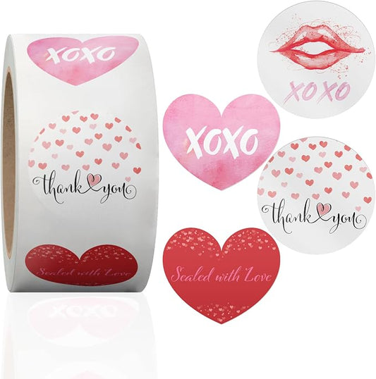 1.5 Inch Round 500 Count Valentine's Day Perforated Roll Stickers - Thank You Labels for Favors - Packing Thank You Stickers for Small Business Store Owners