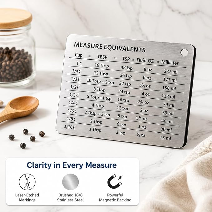 Measurement Conversion Chart with Strong Magnet Backing, KSENDALO Stainless Measurement Conversions For Cups, Tablespoons, Teaspoons, Fluid Oz and Milliliters,Silver