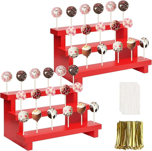 Wood Cake Pop Stands, 3 Tier Lollipop Holders with Twist Ties Lollipop Sticks, Sucker Display Riser for Dessert Table of Wedding Birthday Party (Red-2P-17 Hole)