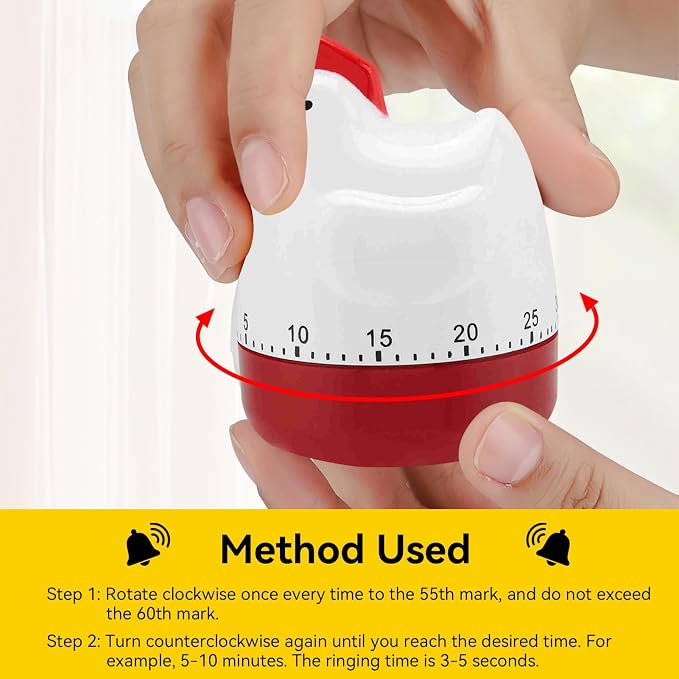 Cute Chicken Kitchen Timer, 60 Minute Wind up Timer Mechanical Chicken Egg Timer Manual Countdown Timer Rotating Time Reminder for Home Kitchen Cooking Baking, 2.5x3.2in