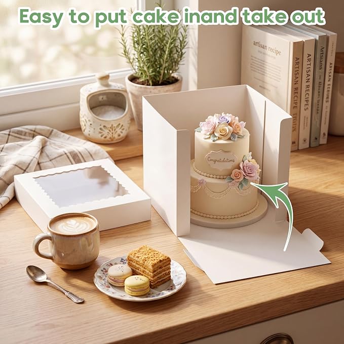 ZBEIVAN 24 Pack Cake Boxes 10x10x10 Inches White Bakery Boxes with Window, Large Square Cardboard Cake Carriers for Cakes
