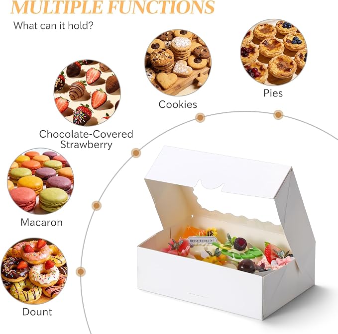 COTOPHER Auto Pop Up Cookie Box with Window 8x6x2.5 Inches – 50 Pack White Bakery Boxes with Gold Ribbon for Birthday Party Favors, Wedding, Christmas Gift Packaging for Cookies, Candy, Macarons