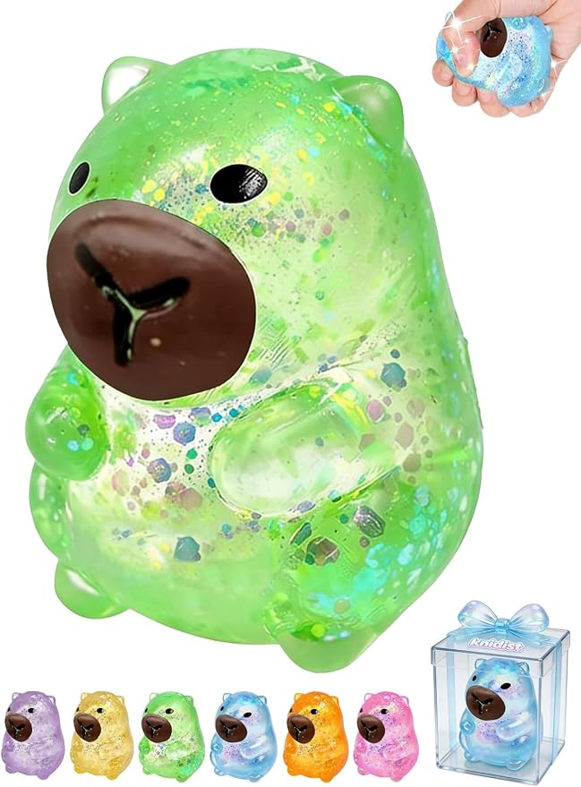 Capybara Squishy Glitter Animal Squeeze Balls Cute Capybara Stress Ball Anxiety Relief Slow Rise Adult Sensory Fidget Tool Gift Sparkling Desk Decor Collectibles Decompression Dough(Green)