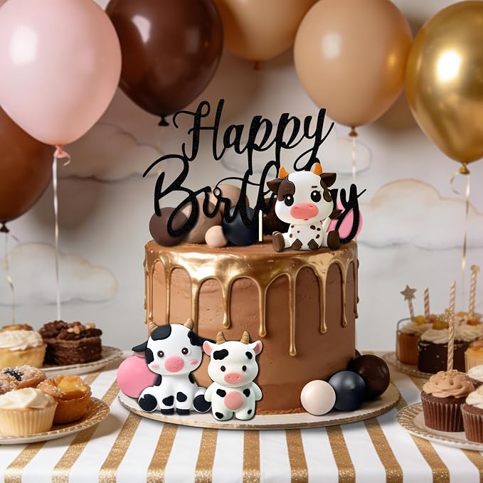 Cow Cake Topper, Happy Birthday Cake Decoration with Farm Animal Theme (black)