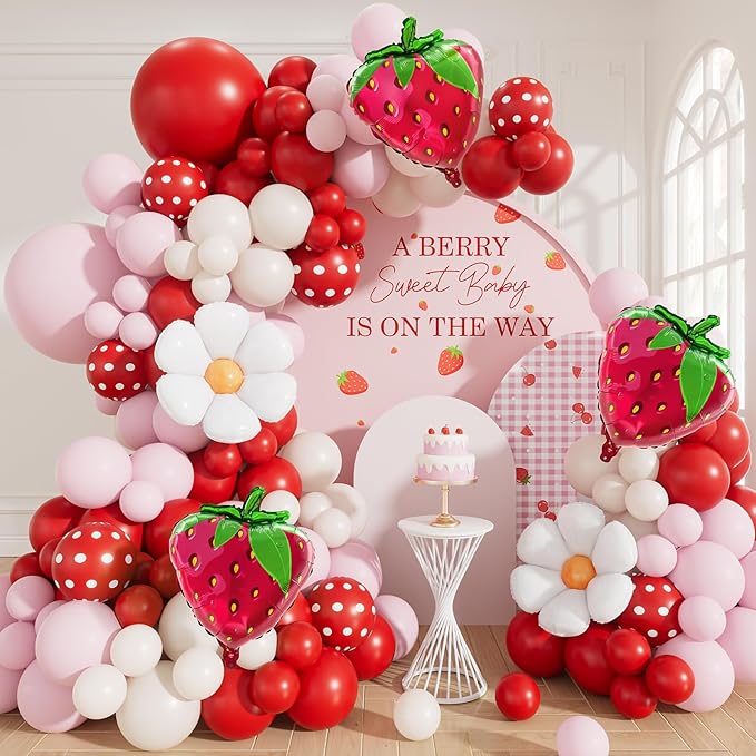 Strawberry Balloon Arch Garland Kit, 137 Pcs Pink Red Cream Balloons with Strawberry and Daisy Foil Balloons, Sweet Berry First Birthday Decor for Girls, Baby Shower, Princess Party Decorations