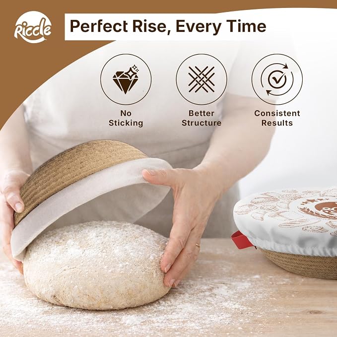 Riccle Cotton Rope Banneton Bread Proofing Basket Set,Pack Of 2, 9 Inch Round Bread Basket with Liners & Covers for Artisan Bread Baking, Sourdough Bread Baking Supplies