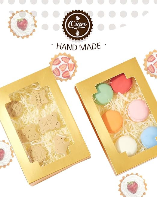 qiqee Cookie Boxes for Gift Giving 8x5.3x2 inch 24Packs Gold Treat Box with Window Bakery Box for Donuts Candies and Biscuit