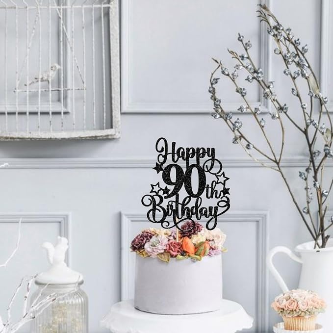 1 PCS Happy 90th Birthday Cake Topper Glitter Cheers to 90 Years Birthday Cake Pick Hello 90 Fabulous Cake Decoration for Happy 90th Birthday Anniversary Party Decorations Supplies Black