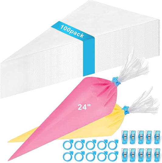 100 Pieces Extra Large Tipless Piping Bags,24 Inch Big Disposable Pastry Bags with 10 Pastry Bag Ties,10 Clips Cake Decorating Bags for Decorating Cupcakes Cakes Cookies