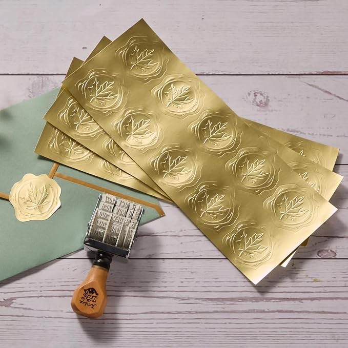 300 Pieces Embossed Gold Foil Stickers, Gold Maple Leaves | For Envelopes, Wedding Invitations, Christmas Greeting Cards