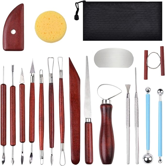 Blisstime 18PCS Clay Sculpting Tools, Basic Clay Pottery Carving Tool Kit with Wooden Handles and Tool Bag