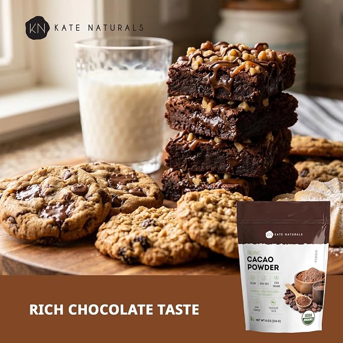 Kate Naturals Organic Cacao Powder, 8 oz – Unsweetened Raw Cocoa Powder, Non-GMO, Vegan, Gluten Free, Rich Chocolate Flavor for Baking & Smoothies