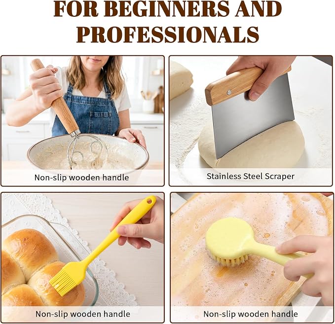 Sourdough Bread Baking Tool Set with Bread Lame & Blades Danish Dough Whisk Bowl Scraper Dough Scraper, Cleaning Brushand Silicone Brush Filter Tennis Ball,Spraying template, Sourdough Starter Kit