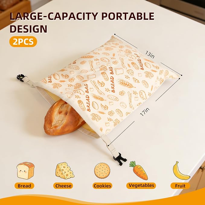 2 Pack Beeswax Bread Bags for Sourdough Homemade Bread, Reusable Organic Cotton Lining with Natural Beeswax, XL Bread Storage Bags, Keep Fresh 13×17 Inches, Sourdough Bread Bags Homesteading Essential