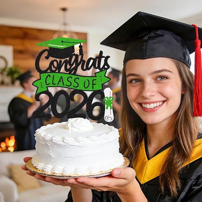 Congrats Class of 2026 Cake Topper Congrats Grad Cap Diploma We Are Proud of You Theme for College Happy Graduation Party Supplies High School Graduate Decoration (Black and Green)