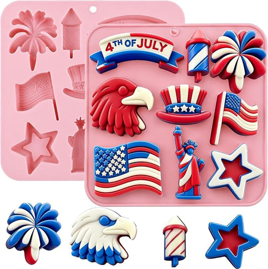 4th of July Silicone Molds 2 Pack Independence Day Chocolate Molds Patriotic Silicone Candy Mold Tray Statue of Liberty American Flag Eagle Stars Cake Decorating Jelly Ice Cubes Soap Baking