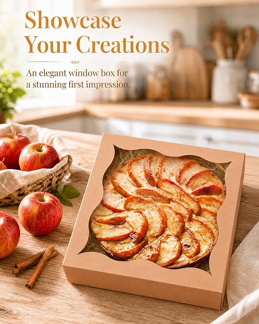 qiqee Auto-pop Up Brown Pie Boxes with Window 12"x 12"x 3" 120Packs Cookie Donut Bakery Box
