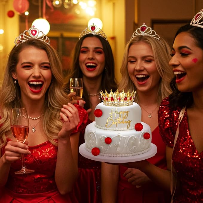 8 Pcs Red and Gold Queen Crown Cake Topper, Happy Birthday Cake Toppers Foam Balls Rhinestone Crystal Tiara Wedding Decoration for Princess Party Photo Props for Women Princess