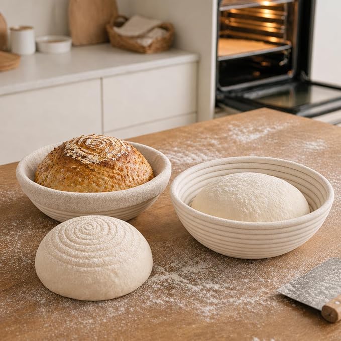 9 Inch Banneton Bread Proofing Basket Set of 2, Easy-Clean Sourdough Proofing Basket, Round Banneton for Sourdough Bread Baking Supplies with Liners