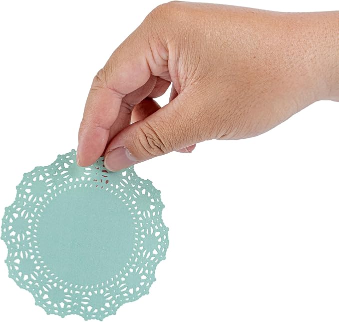 Pastry Tek 4 x 4 Inch Paper Lace Doilies, 100 Disposable Table Doilies - Elegant Lace Finish, Long Lasting, Teal Paper Doily, for Pastries, Cupcakes, Desserts - Restaurantware