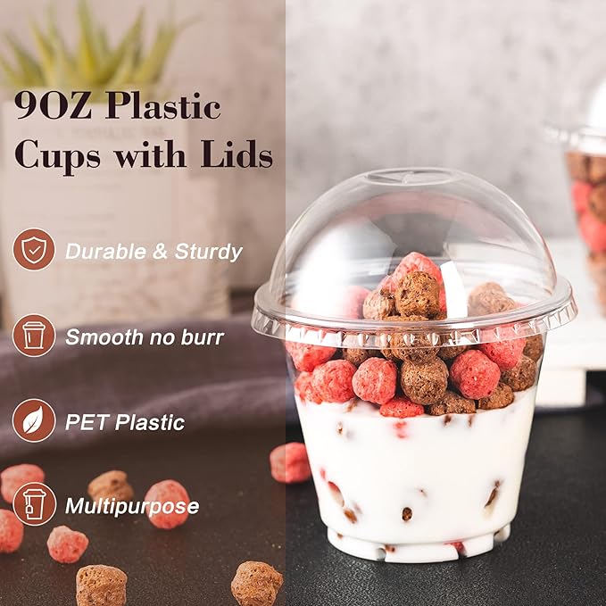 Lullaby 200Pack 9oz Clear Plastic Cups with Dome Lids, Dessert Cups with Lids, Disposable Parfait Cups, Party Cups Cupcake for Parties and Daily Use