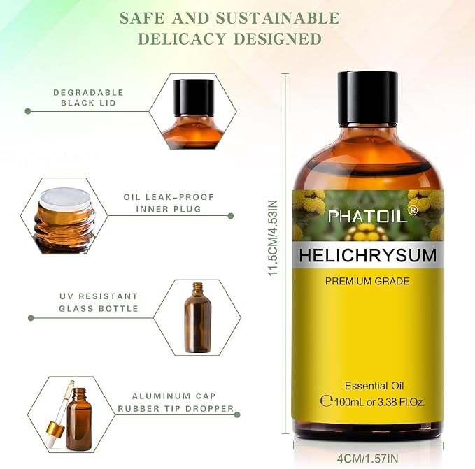 Helichrysum 3.38fl.oz Essential Oil, PHATOIL Pure Aromatherapy Oils for Diffuser, Humidifier, Perfect for DIY Soap, Candle, Bath Bombs Making(100ml)