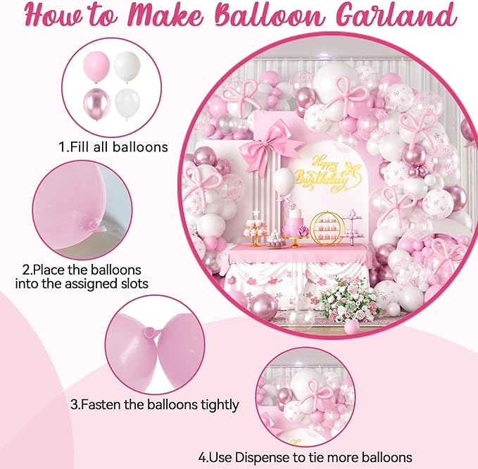 Bow Balloon Arch Kit, Pastel Baby Pink White Clear Bow Birthday Balloons for Princess Women Girl Pink Birthday Party Baby Shower Bachelorette Bridal Engagement Decorations