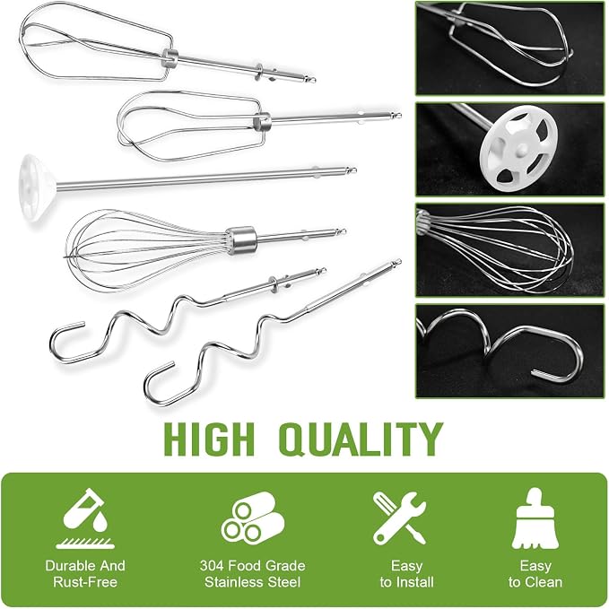 Hand Mixer Beaters Fits for Cuisinart Stainless Steel Left and Right Turbo Style Beaters,Wire Egg Whisk,Liquid Blending Rod,Dough Hooks-CHM Series Hand Mixer CHM-3 CHM-7PK HM-50 HM-70,Set of 6