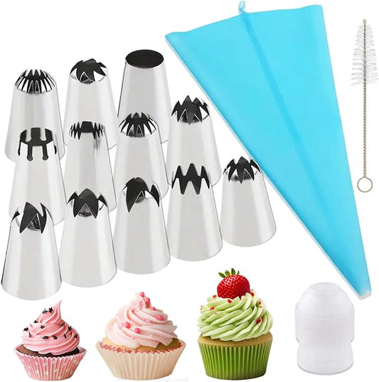 15 pcs Piping Tips Set, Large Piping Tips for Cake Decorating, Professional Pastry Making Tools with Reusable Bags, 12 Nozzles and Accessories for Cupcake and Cookie Design