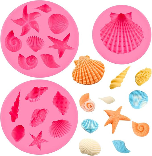 Puyeipt 3 Pcs Marine Silicone Fondant Molds, Seashell Conch Starfish Chocolate Candy Molds for Cupcake Topper, Cake Pop Decoration and Clay Craft Making