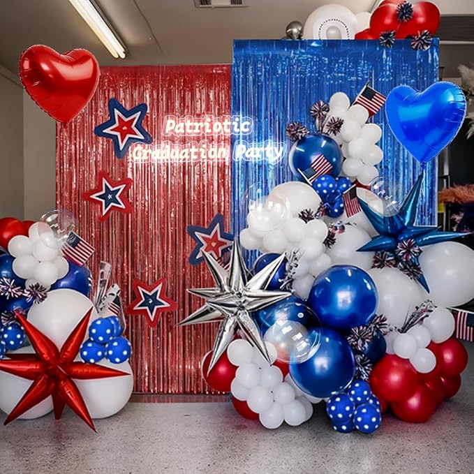 157Pcs Red White and Blue Balloons Garland Arch Kit with Fringe Curtain for 4th of July Memorial Veterans Day Patriotic Graduation Birthday Wedding Nautical Baseball Theme Party Decorations