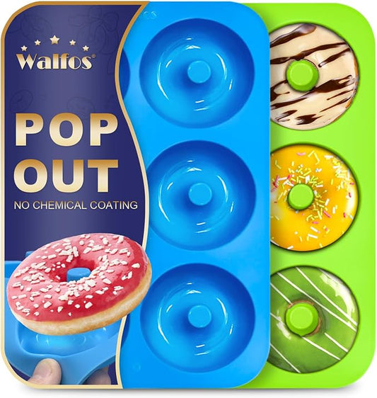 Walfos Silicone Donut Mold - Non-Stick Silicone Doughnut Pan Set, Just Pop Out! Heat Resistant, Make Perfect Donut Cake Biscuit Bagels, BPA FREE and Dishwasher Safe, Set of 2