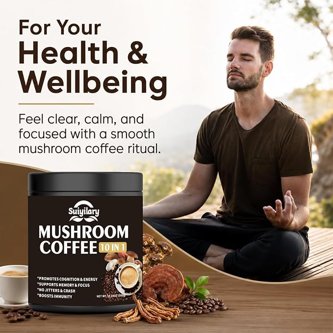 Suiyilary Mushroom Coffee, 10 Mushroom Extract Powder Blend Lion's Mane, Reishi, Chaga, Cordyceps, Turkey Tail, Brain Supplements with Instant Coffee for Energy, Focus, Memory and Immunity 300g