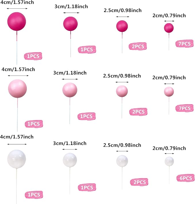 Ball Cake Topper Ball Cake Picks Colorful Pearl Ball Shaped Cupcake Insert Cake Topper for Bear Theme Birthday Party Favors Wedding Decoration (Pink White Hot Pink)