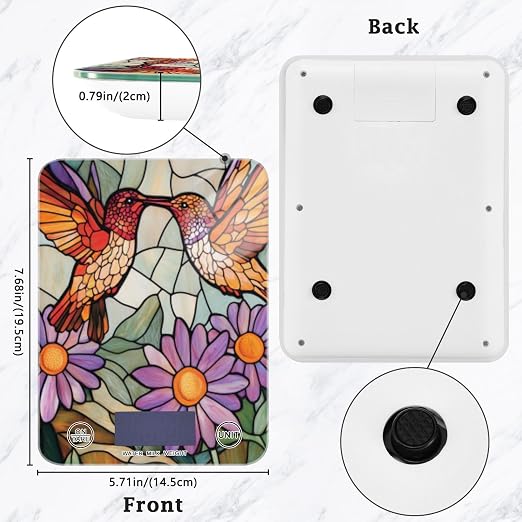 Brown Hummingbirds Purple Daisy Stained Glass Food Scale Kitchen Digital Scale Food Ounces and Grams Dieting Baking Cooking Waterproof Glass Panels LCD Display,4 Units Tare Function